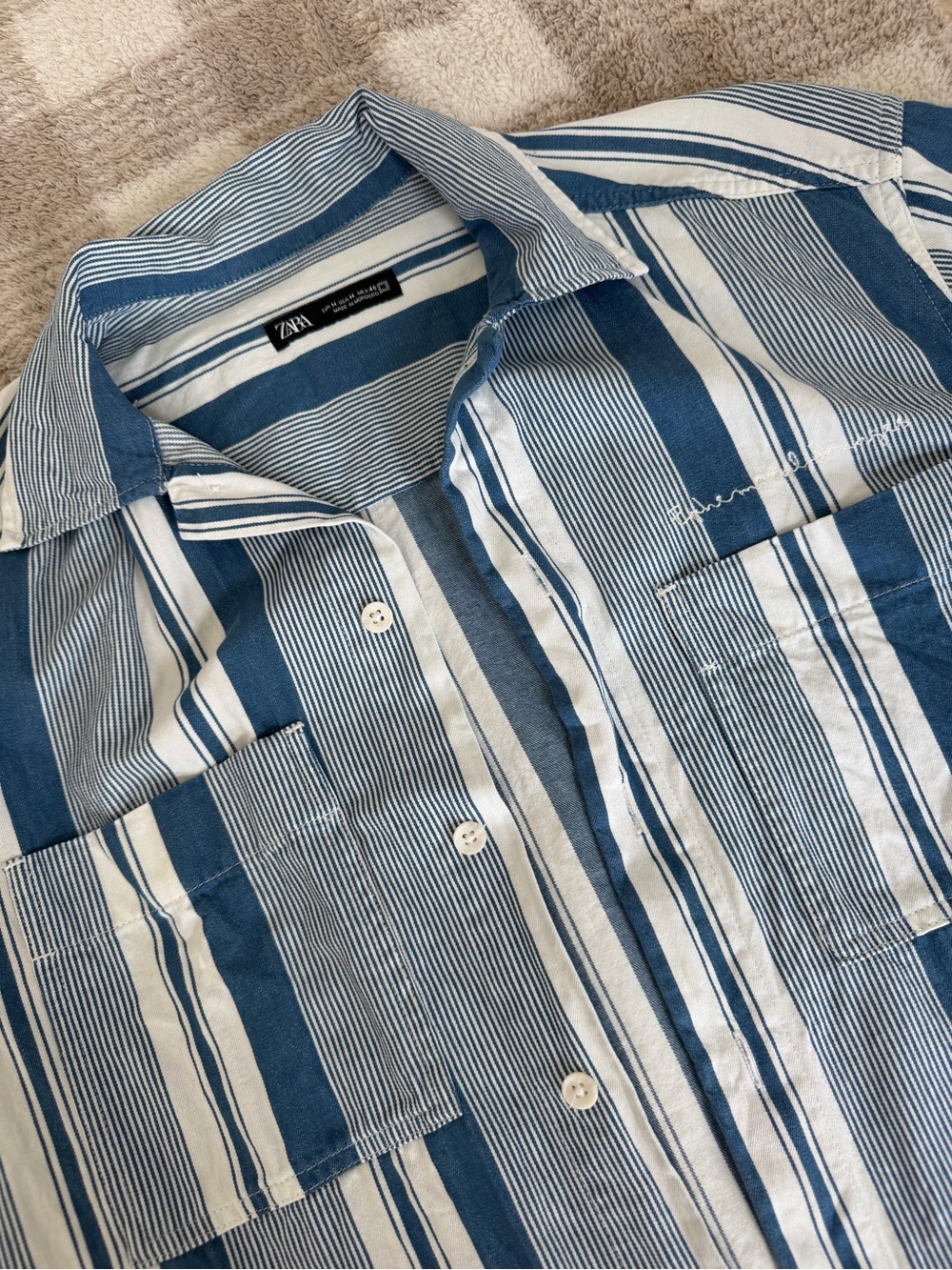 Zara Blue and White Vertical Stripe Cotton Button-Down Shirt